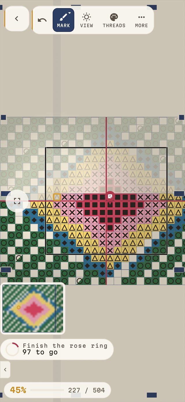 Схема с отмеченными стежками, миникартой и прогрессом / The chart view with marked stitches, minimap and progress